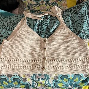Zara Beige Crochet Button-Up Crop Top
